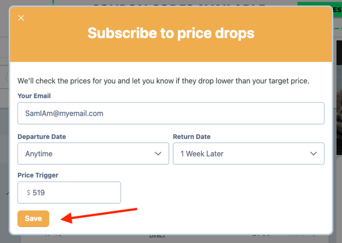 Screenshot showing how to save settings for flight price tracking
